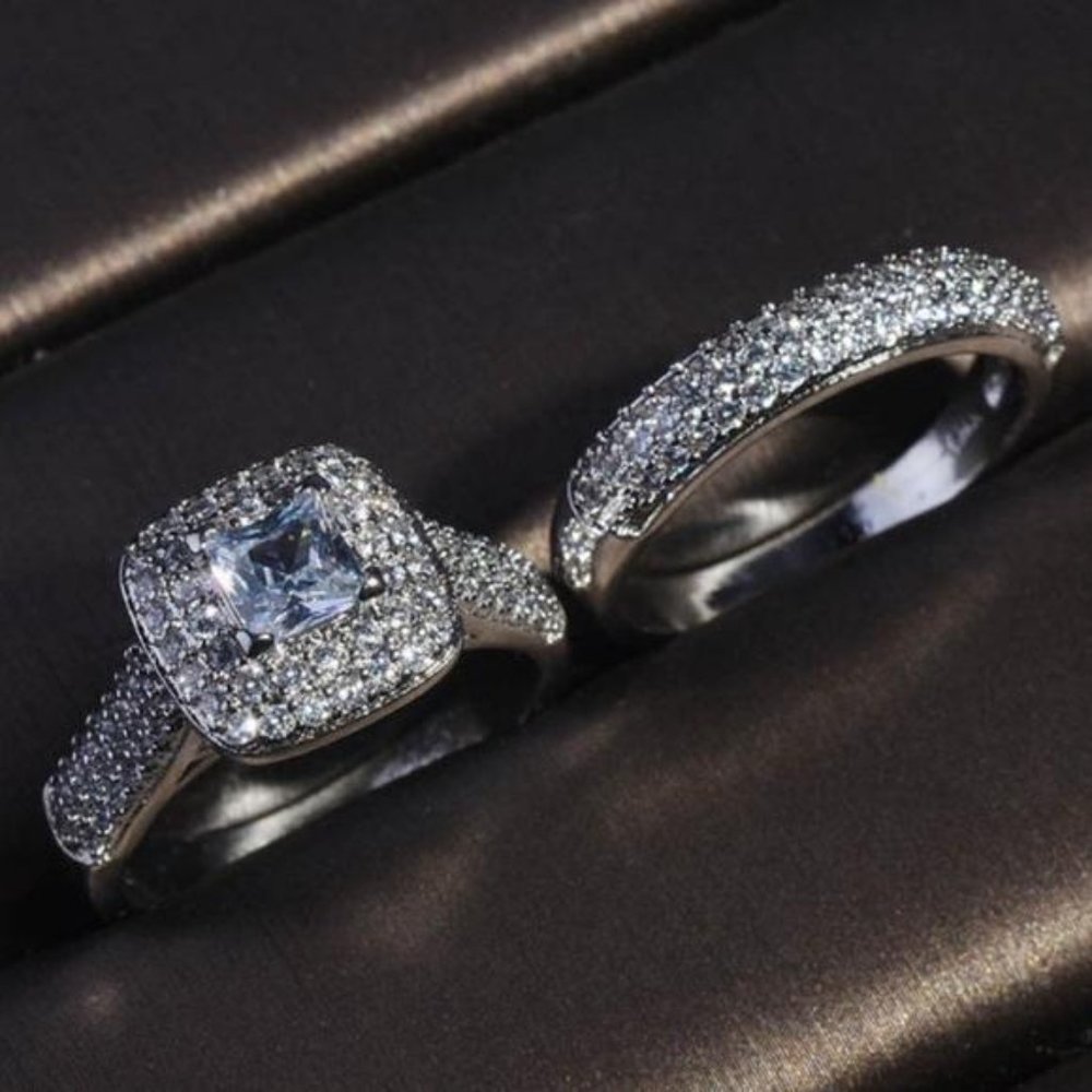 NEW 925 STERLING SILVER PRINCESS HALO RING SET, CUTE RING, SHINY RING. - Picture 7 of 8
